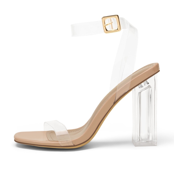 Women's Square Toe Clear Chunky Heel Sandals - NUDE CLEAR - 2